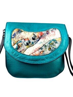 Handmade Turquoise Leather Crossbody Bag with Wool Felt Inlay Artisan Purse by D